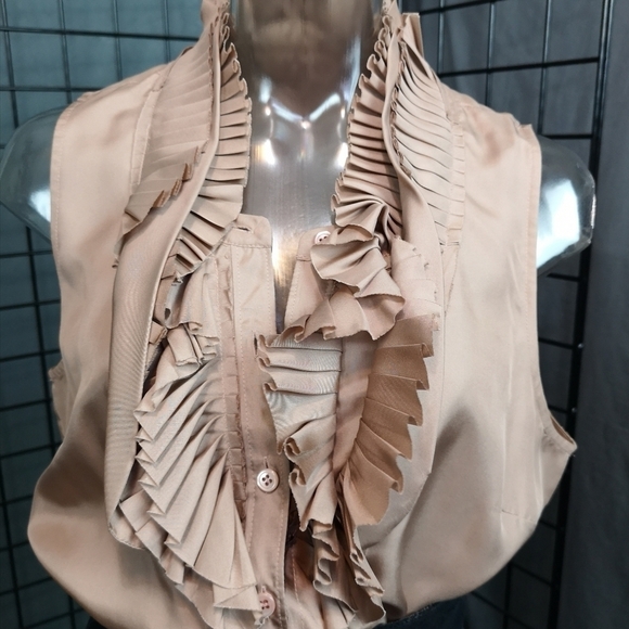 Upcycled Vintage Boho Pleated Ruffled Sleeveless Button Down Shirt - Picture 3 of 7